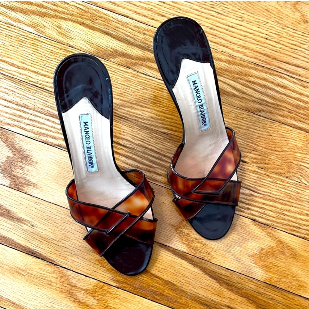 Manolo Blahnik Tortoise Shell PVC/ Patent Leather Heels . 36 1/2.